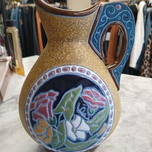 Amphora Made in Czechoslovakia Ceramic Pitcher Floral Bas Relief